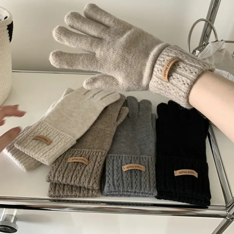 Women Winter Cashmere Knit Gloves Warm Thick Coldproof Touchscreen Full Finger Hand Made Leather Tag Fashion