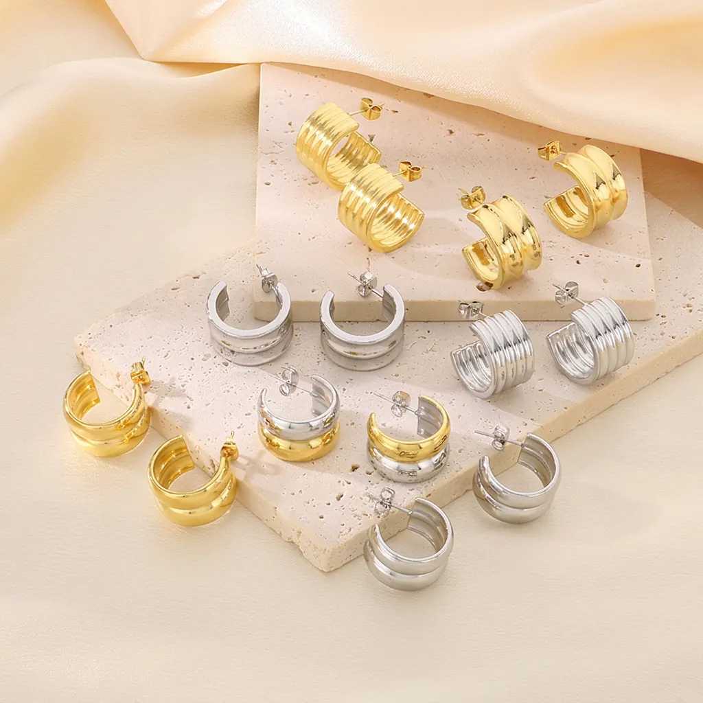 Boucles Oreilles Créoles Forme C Acier Inoxydable Plaqué Or 18K Nervuré Texturé Géométrique Vintage Bijoux Pour Femmes
