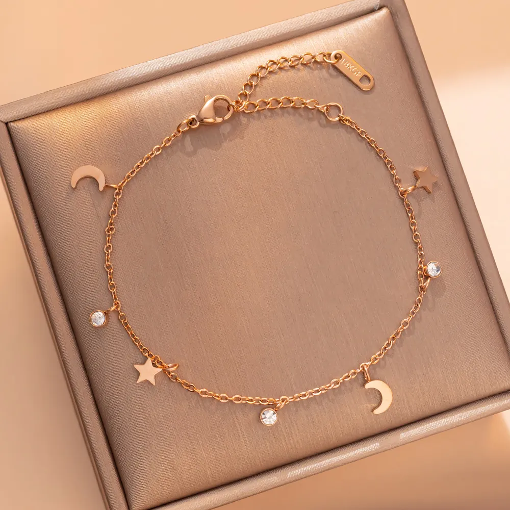 Bracciale in Acciaio al Titanio Stella Luna per Donna Oro Rosa Minimalista Strass Bracciale a Catena Sottile Gioielli di Moda