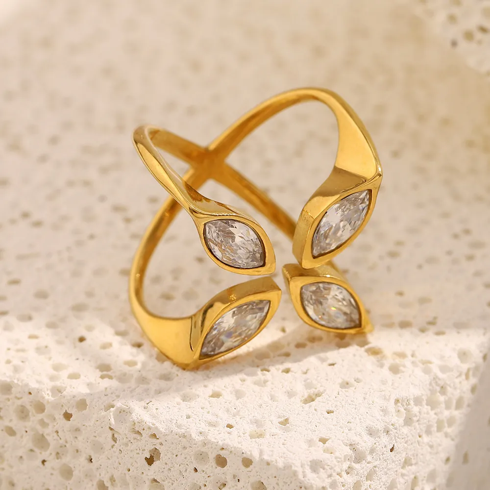 Anello Serpente Zircone Marquise Acciaio Inossidabile Placcato Oro 18K Aperto Regolabile Design Croce Gioielli Donne