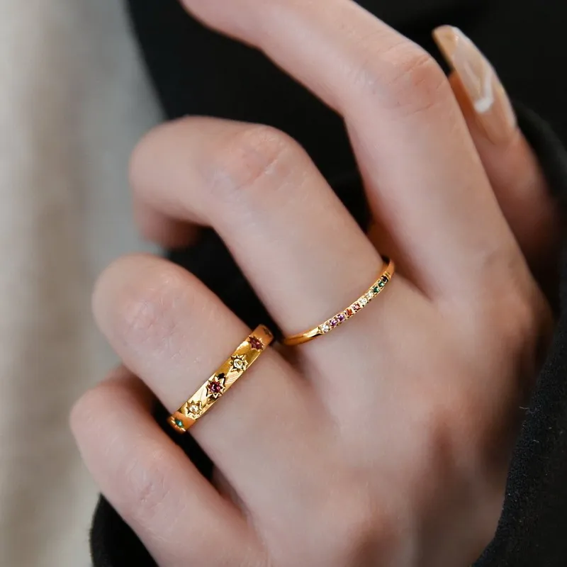 Regenbogen Zirkon Stern Ring 18K Vergoldet Edelstahl Minimalistisch Stapelbar Schmuck Für Frauen