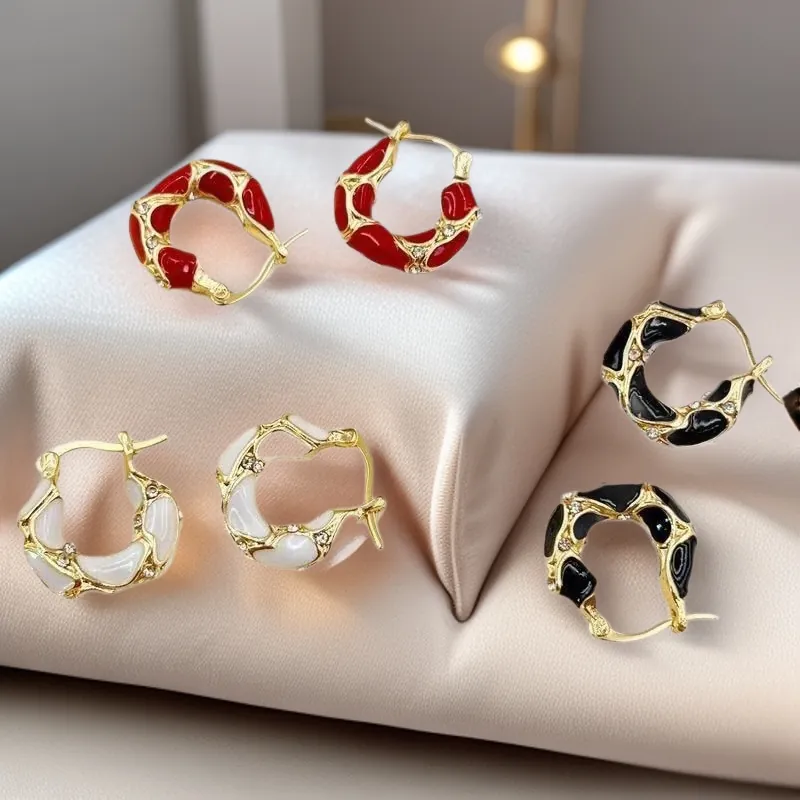 Stainless Steel Enamel Hoop Earrings Lava Drip Glaze Rhinestone Irregular Retro Geometric U-Shape For Women