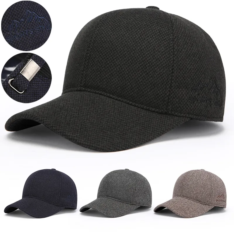 Men Winter Baseball Cap Warm Thickened Woolen Ear Flaps Hat Outdoor Sports Windproof Adjustable Cotton Style