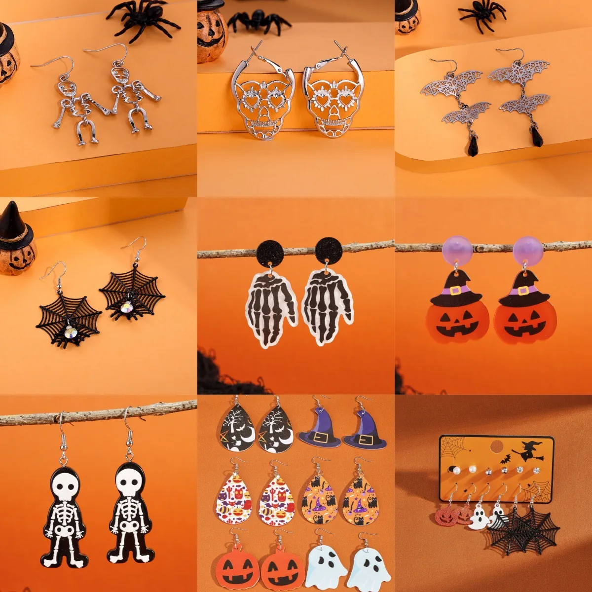 Halloween Earrings Alloy Enamel Acrylic Faux Leather Pumpkin Ghost Spider Bat Witch Hat Festive Holiday Jewelry For Women Girls