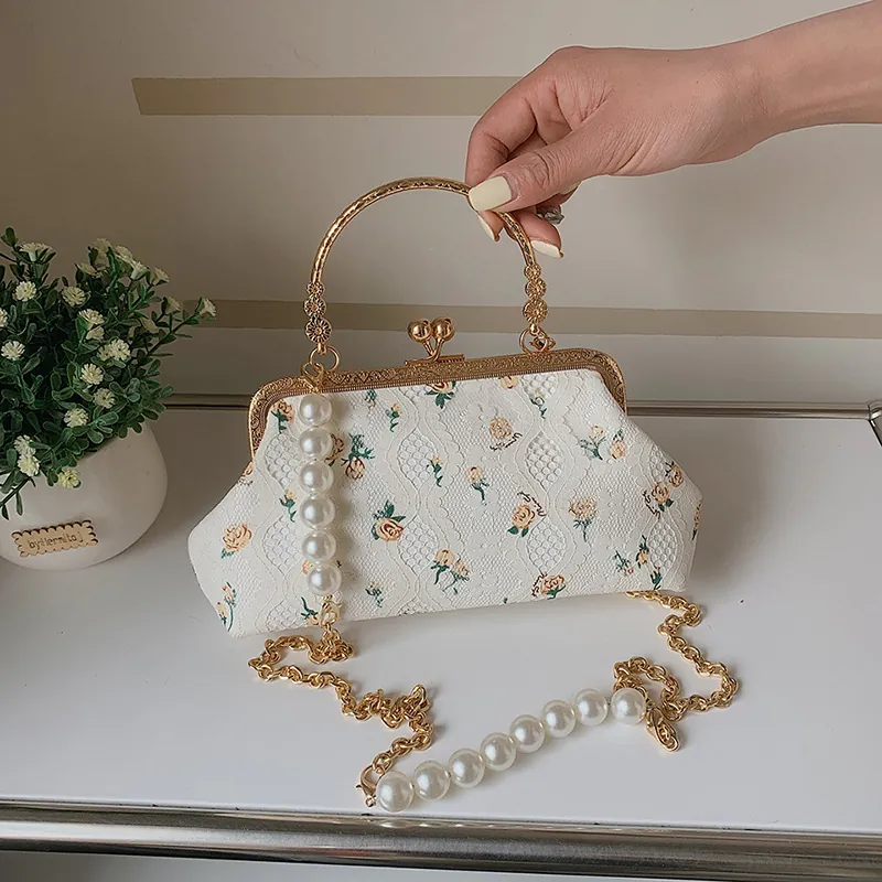 Vintage Floral Embroidery Lace Clasp Bag Evening Handbag With Faux Artificial Pearl Handle Detachable Chain Crossbody For Women