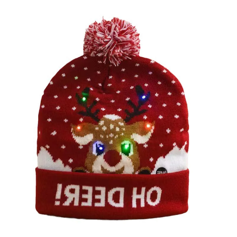 LED Light Up Christmas Beanie Hat Knit Acrylic Colorful Glowing Holiday Party Decor For Adult Kids With Pom-pom