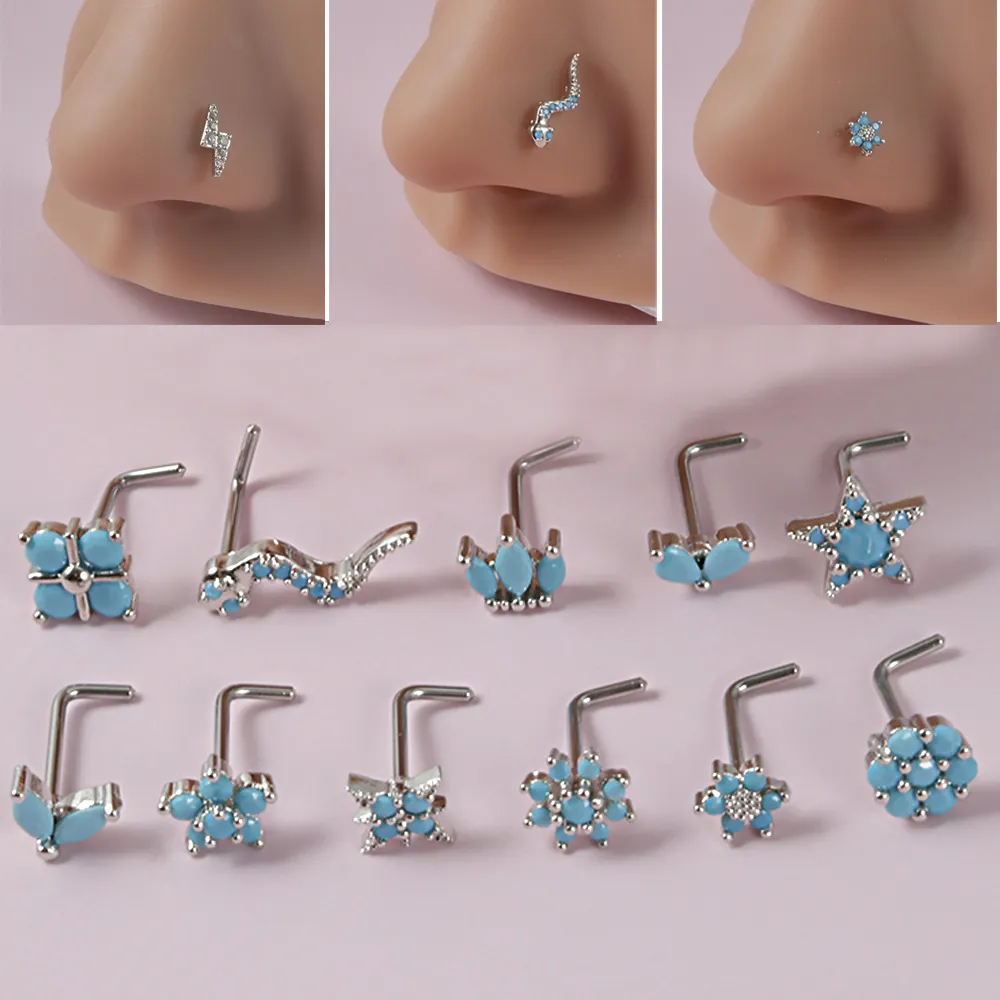 Stainless Steel L-Shape Nose Studs Turquoise Flower Snake Lightning Body Piercing Jewelry For Women Men Elegant