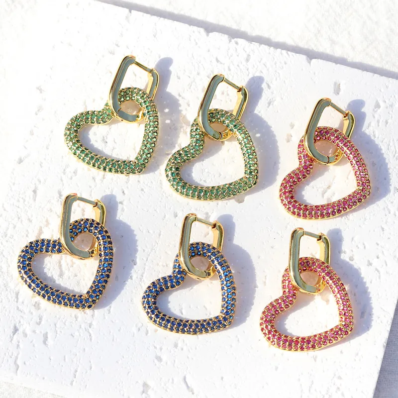 Orecchini A Cerchio Con Pendente A Cuore Rame Placcato Oro 18K Zircone Colorato Intarsiato Gioielli Donna