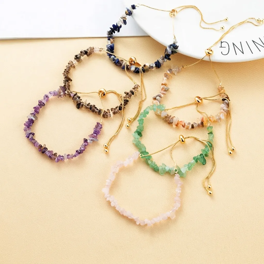 Natural Stone Chips Adjustable Bracelet Bohemian Irregular Crystal Bead Slider Clasp Alloy Jewelry For Women Gift
