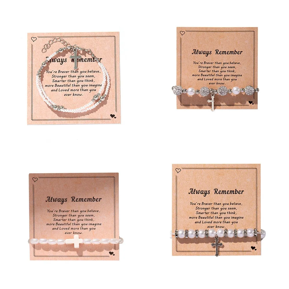 Cross Pendant Artificial Pearl Bracelets For Women Imitation Artificial Pearl Alloy Beaded Religious Gift Jewelry With Card Elegant