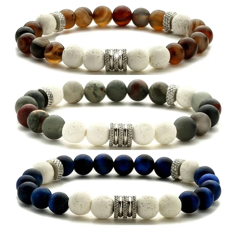 Bracciale Di Perline In Pietra Naturale Occhio Di Tigre Roccia Lavica Distanziatori In Lega Elastico Gioielli Unisex