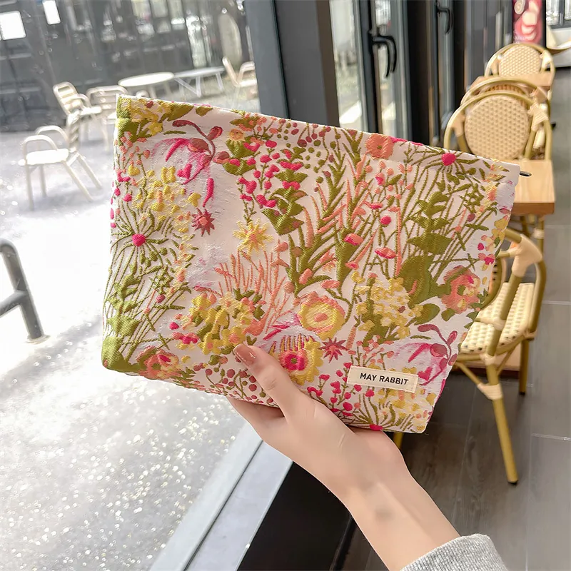 Women Jacquard Cosmetic Bag Large Capacity Embossed Floral Fruit Pattern Portable Makeup Organizer Zipper Storage Pouch