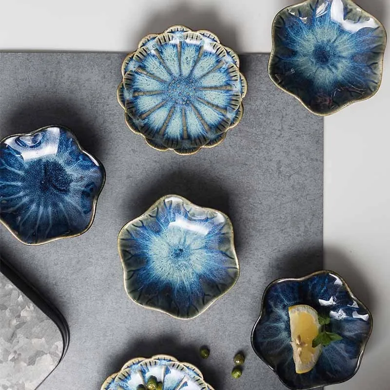 Ceramic Petal Shape Sauce Dish Kiln Glazed Vintage Seasoning Bowl Decorative Small Appetizer Plate For Jewelry Storage