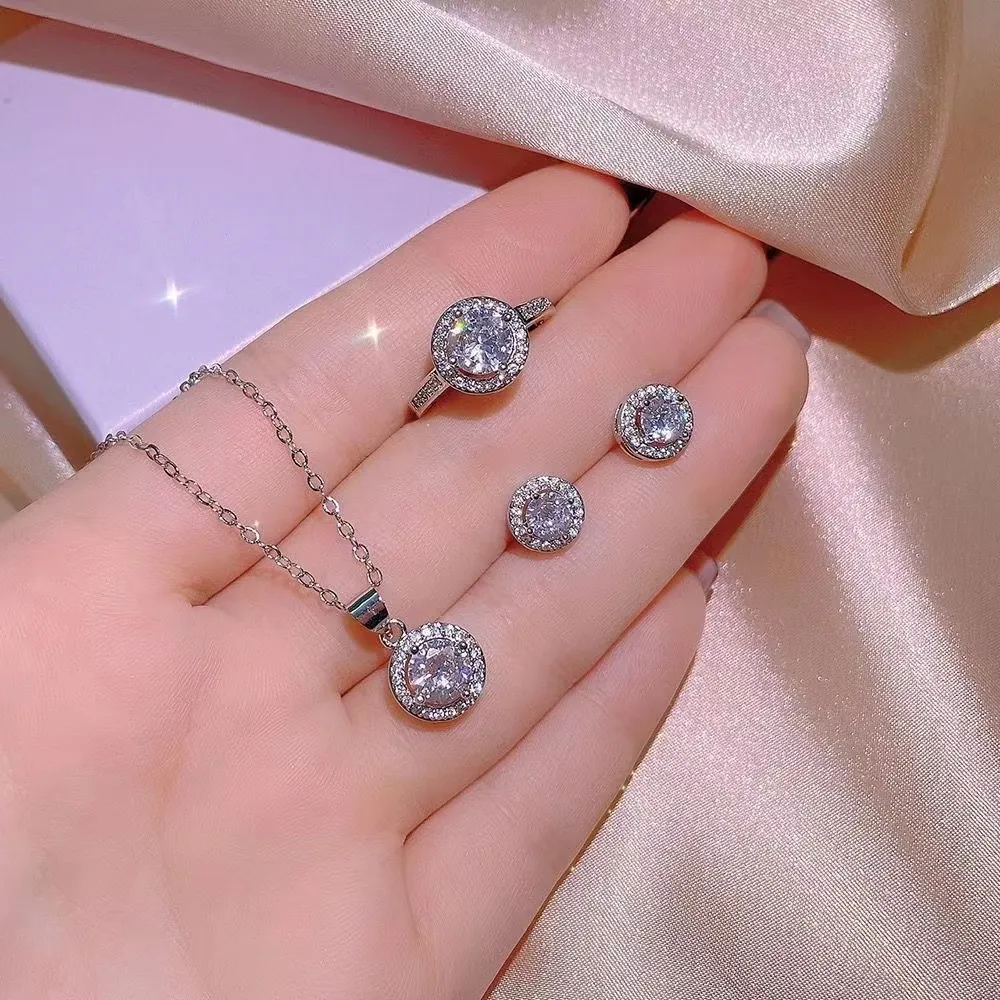 Round Halo Jewelry Set With Necklace Earrings Ring Rhinestone Silver Tone Minimalist Luxury Elegant For Women