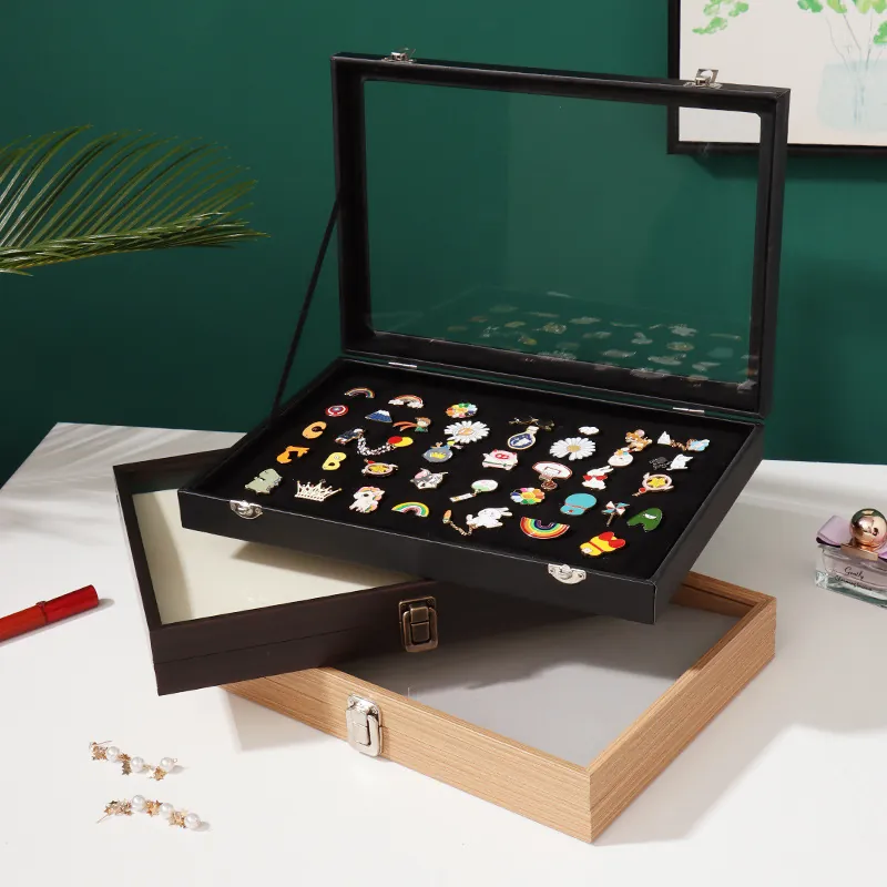 Badge Display Case Brooch Storage Box Wooden Glass Lid Dustproof Medals Collection Jewelry Organizer Pin Showcase