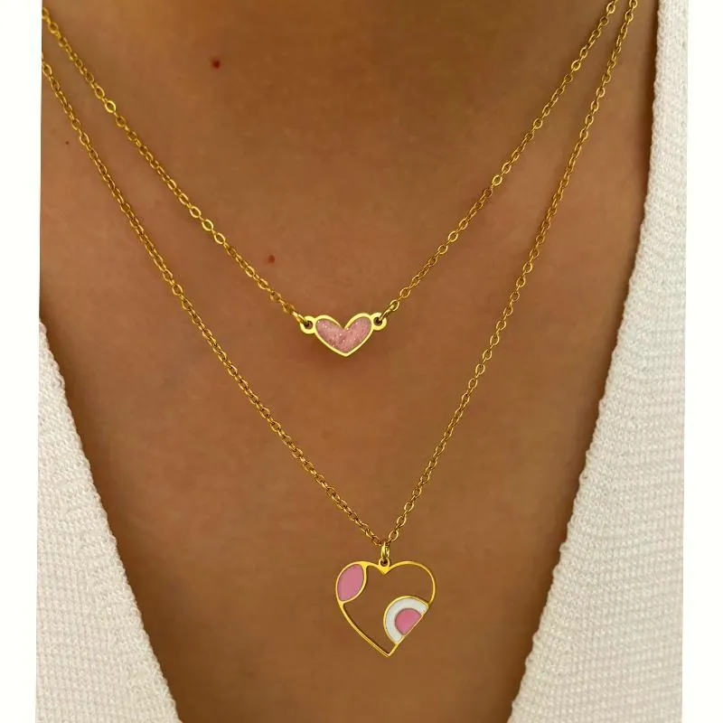 Heart Pendant Necklace Double Layer Stacking Stainless Steel Gold Plated Pink Enamel Trendy Clavicle Chain For Women