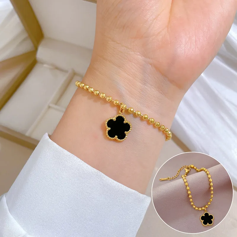 Bracelet En Perles D'acier Inoxydable Avec Pendentif Trèfle Noir Bijoux Élégants De Style Coréen Pour Femmes Filles
