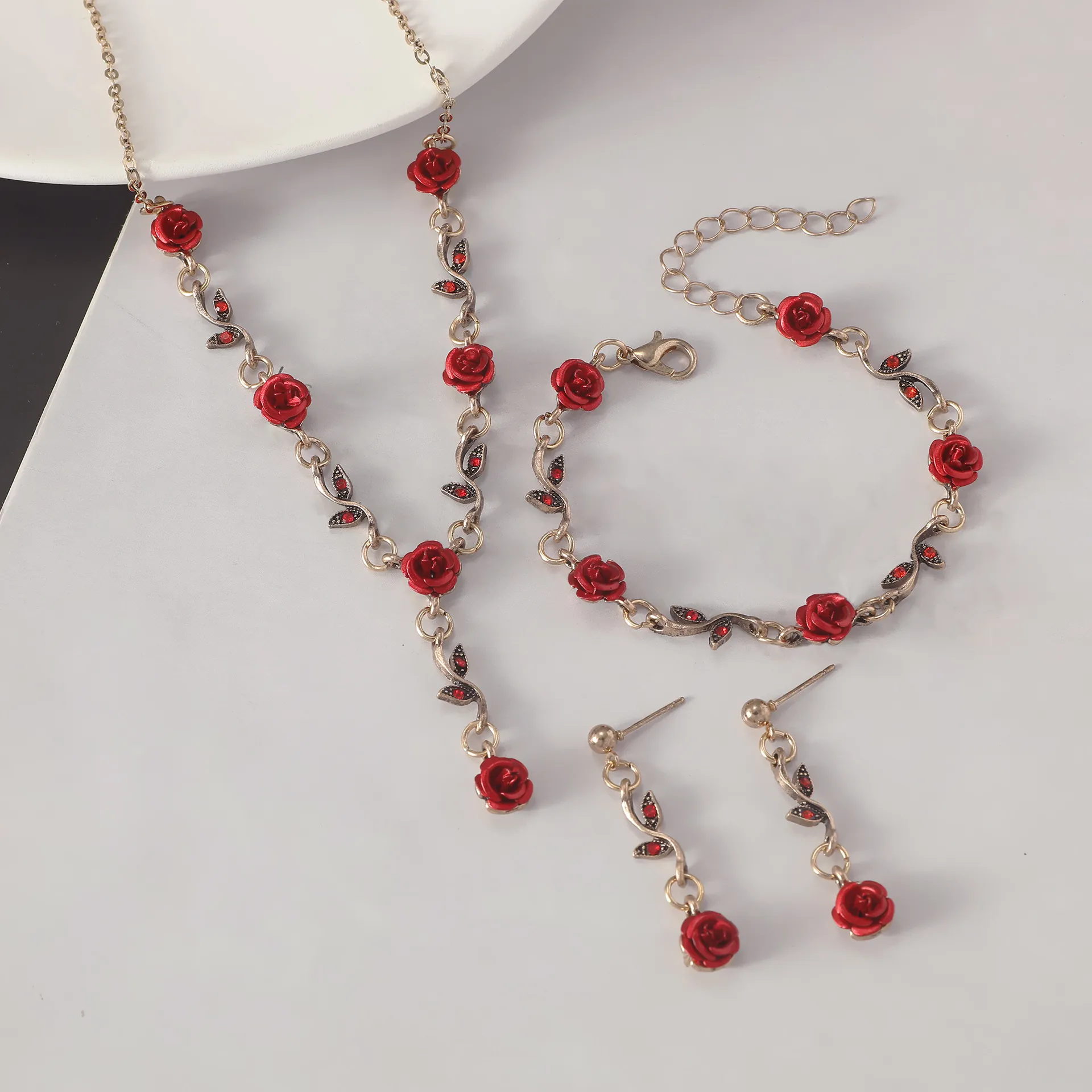 Bijoux Rose Fleur Vintage Français Collier Bracelet Boucles Oreilles Alliage Résine Strass Romantique Élégant Accessoires Femme