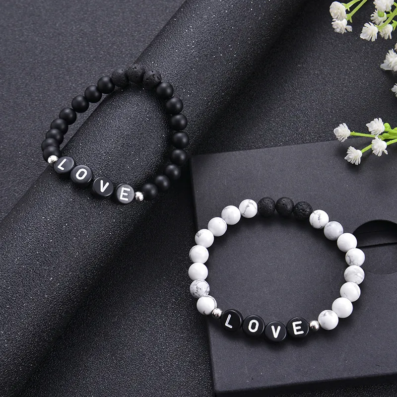 Beaded Bracelet White Turquoise Matte Black Stone Lava Rock Love Letter Elastic Couple Jewelry Fashion Gift