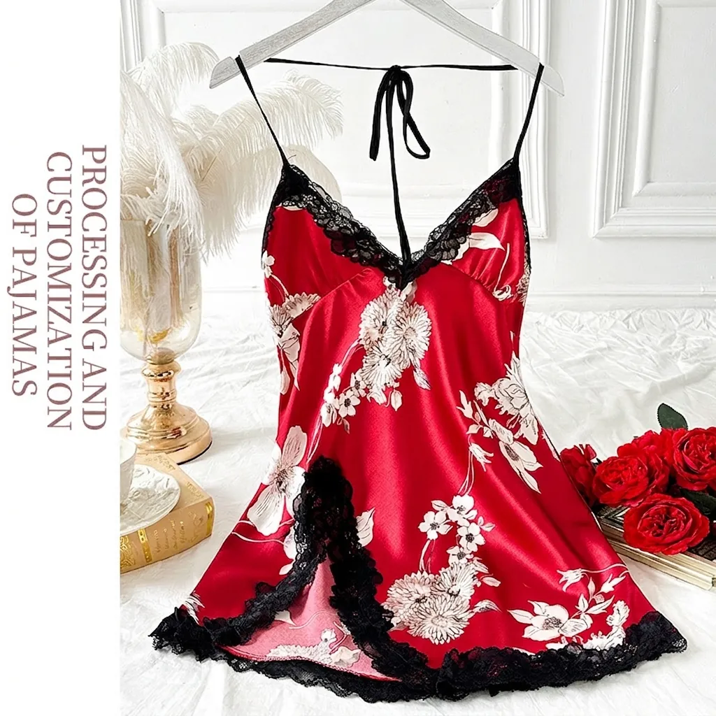 Camicia Da Notte In Raso Con Stampa Floreale Da Donna Scollo A V Pizzo Senza Maniche Schiena Scoperta Abbigliamento Da Notte