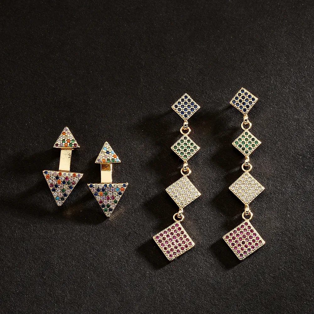 Geometric Copper Earrings 18K Gold Plated Colorful Zircon Triangle Rhombus Personalized Ins Style Jewelry For Women
