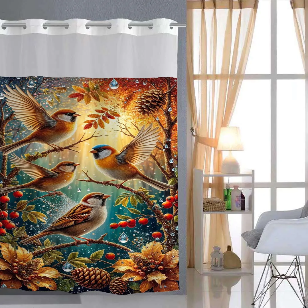 Waterproof Polyester Waffle Shower Curtain With Detachable Liner And Hookless Rings Artistic Print Bathroom Decor