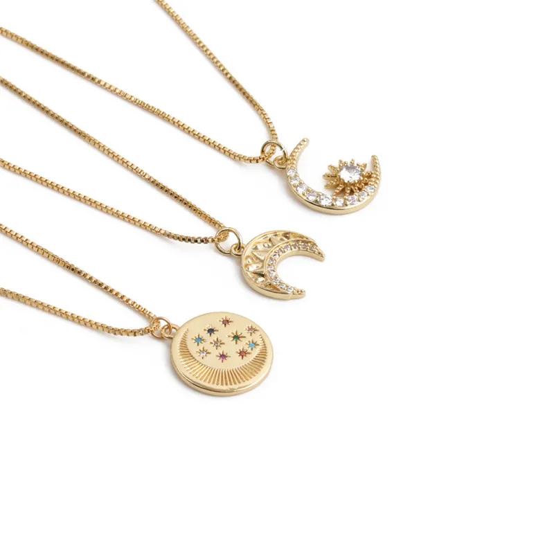 Collier Pendentif Étoile Lune Soleil Mode Cuivre Zircon Incrusté Chaîne Clavicule Bijoux Pour Femmes Filles