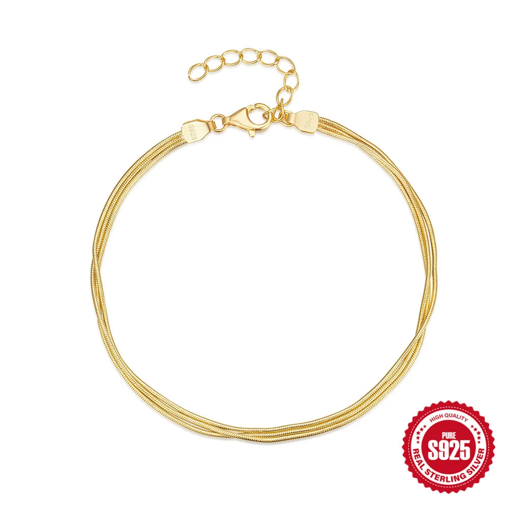925 Sterling Silver Triple Snake Bone Chain Bracelet For Women Minimalist Multi Layer Electroplated INS Style Jewelry