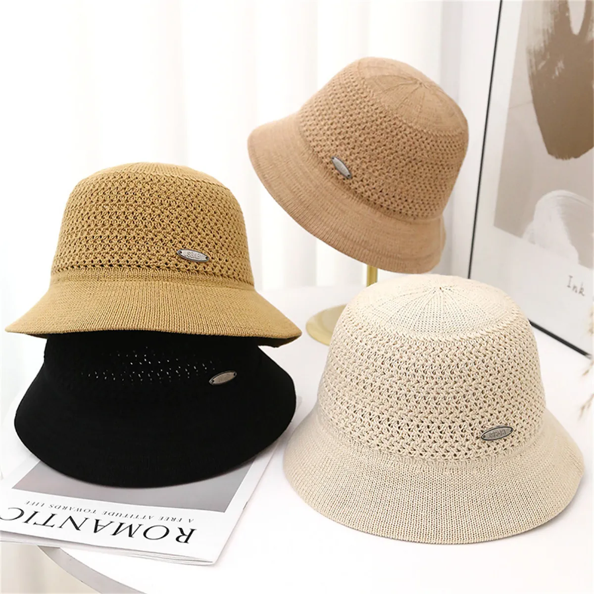 Women Knitted Bucket Hat Crochet Hollow Breathable Wide Brim Sun Protection Casual Elegant Foldable Fisherman Hat