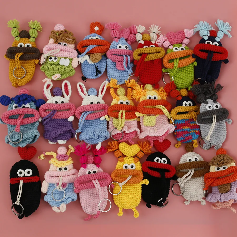 Handmade Crochet Key Case Sausage Mouth Knitted Retractable Key Holder Protector Cute Monster Cartoon Bag Charm Pendant