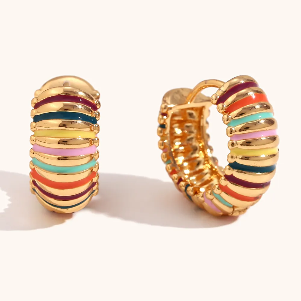Rainbow Enamel Stripe Hoop Earrings 18K Gold Plated Stainless Steel Colorful Textured Fashion Jewelry For Women