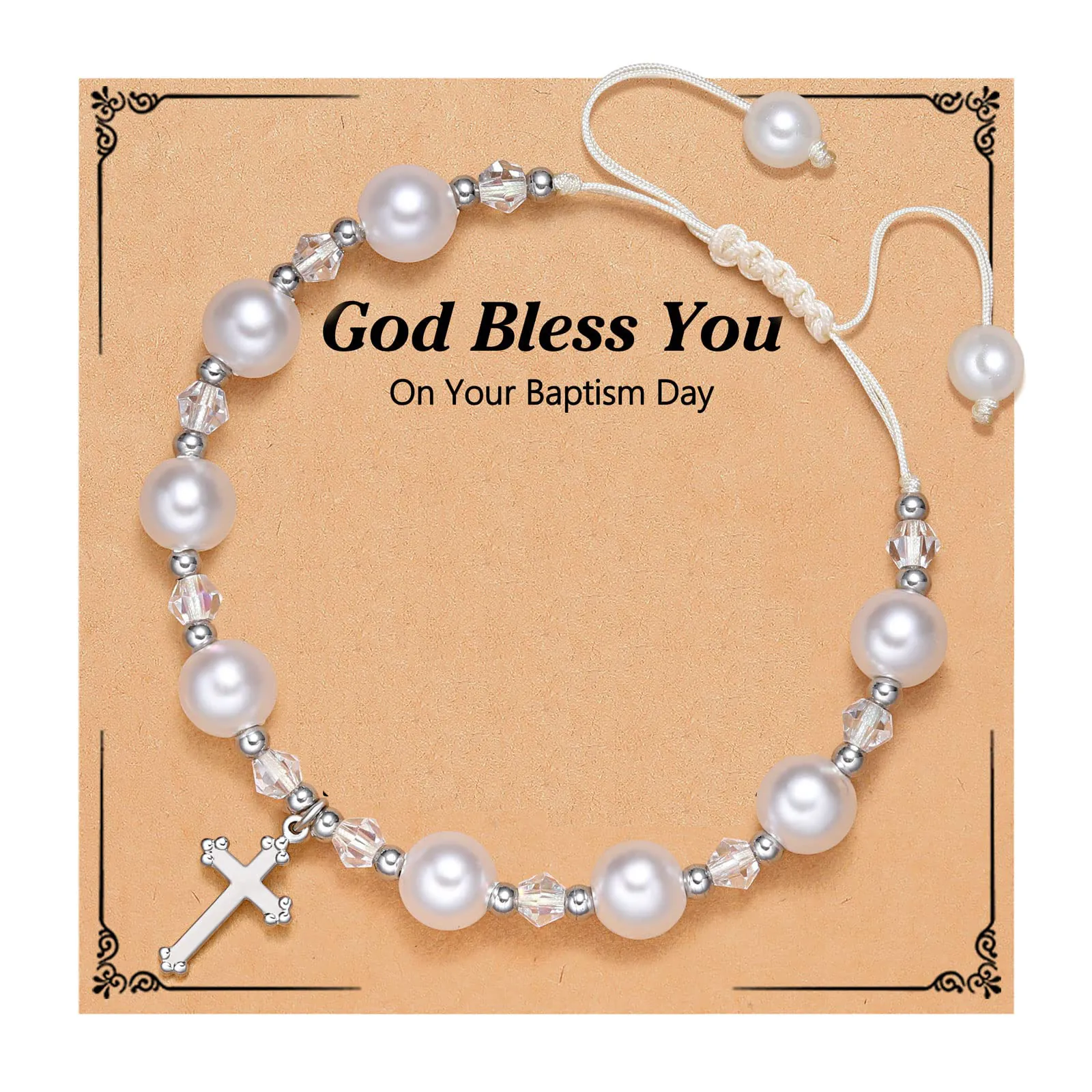 Imitation Artificial Pearl Rhinestone Beaded Bracelet Cross Heart Pendant Adjustable Woven Rope Baptism First Communion Gift Jewelry