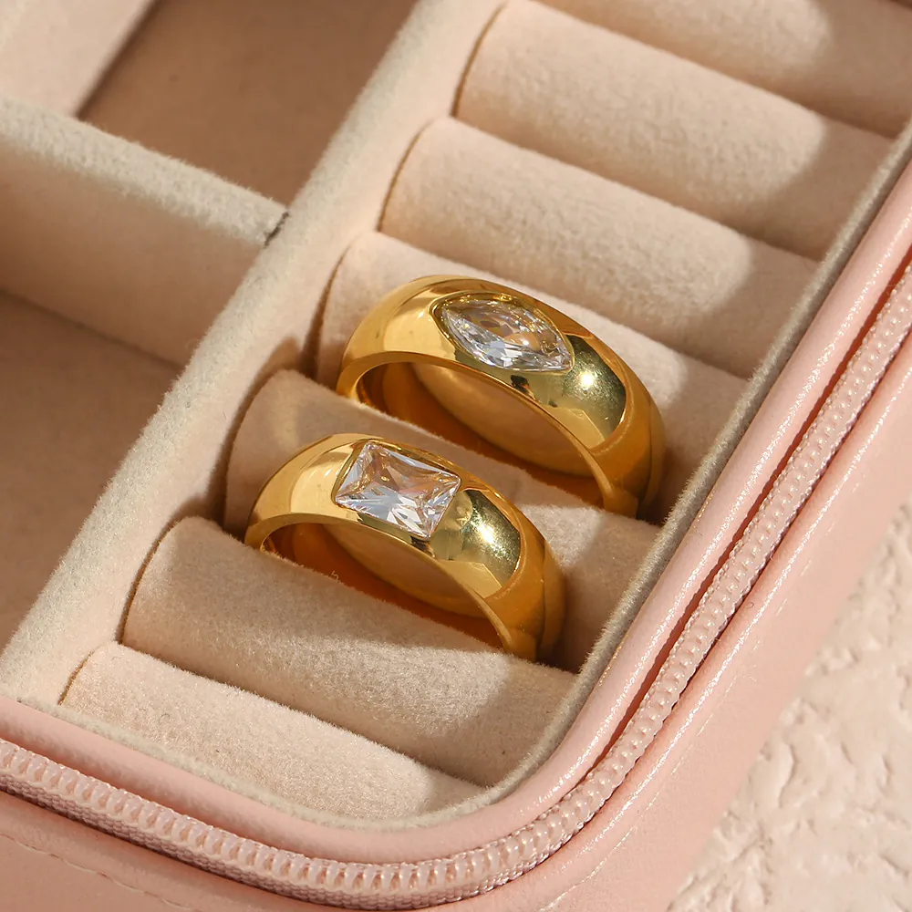 Stainless Steel Ring 18K Gold Plated Cubic Zirconia Inlaid Geometric Square Marquise Minimalist Fashion Jewelry For Women