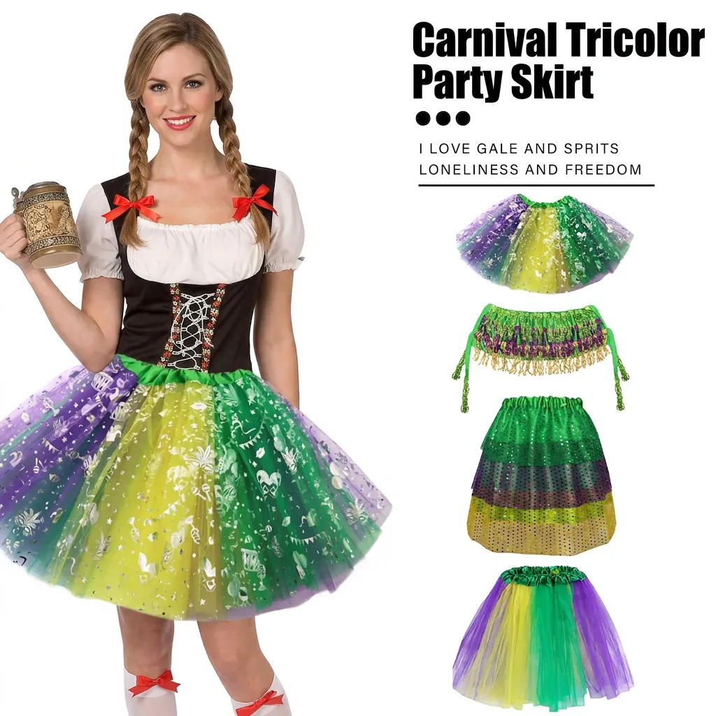 Mardi Gras Tutu Skirts Sequin Fringe Waist Belt Carnival Party Costume Tulle Mesh Elastic Waistband For Women Girls