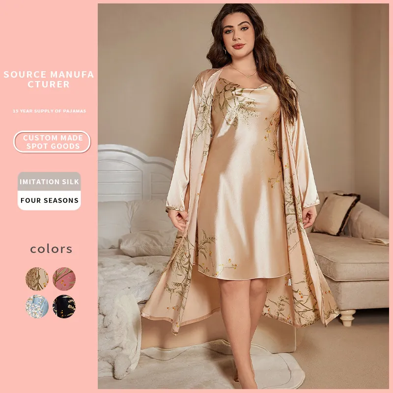 Pyjamas Femme Grande Taille Satin Imprimé Fleuri Peignoir Et Nuisette À Col En V Vêtements De Détente