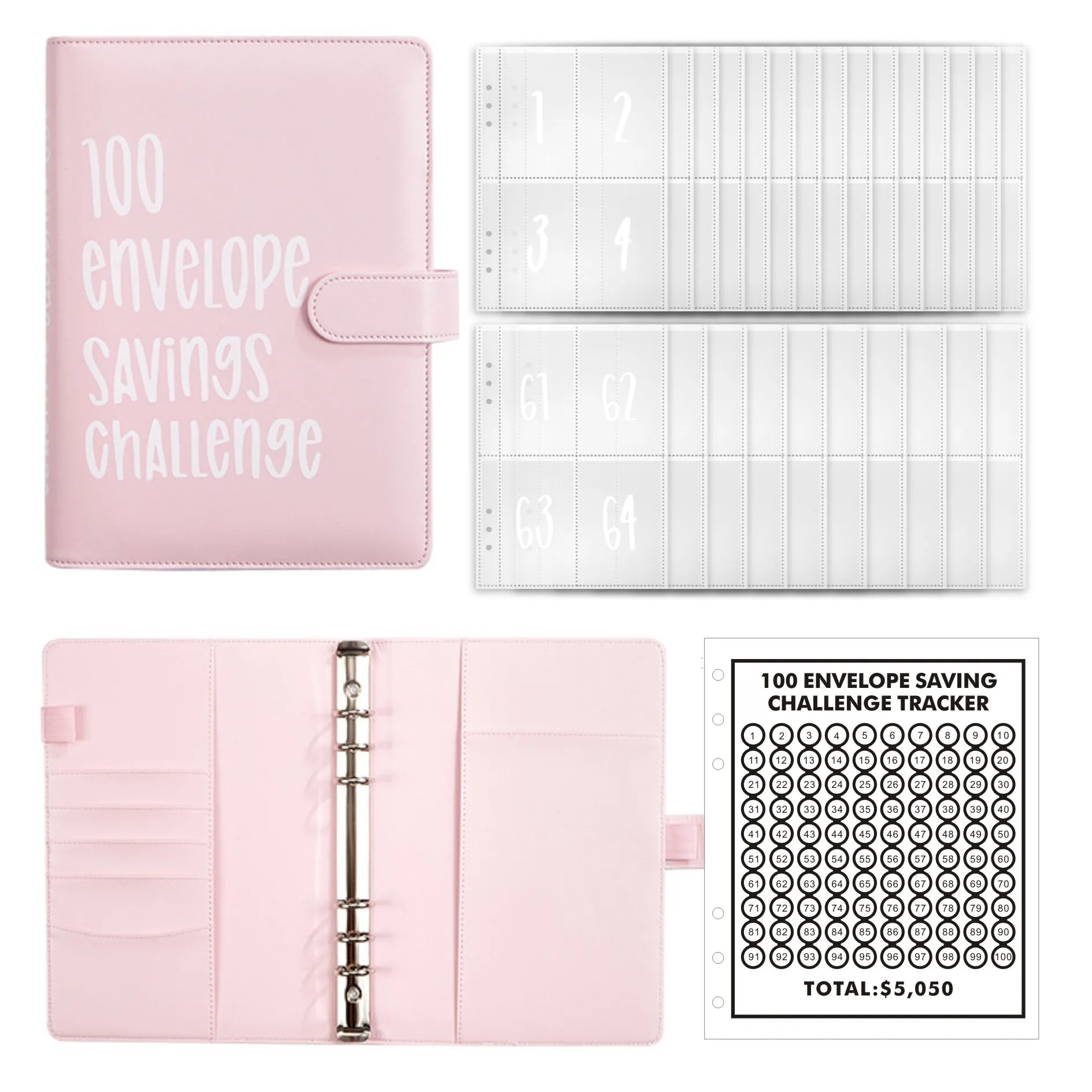 Envelope Savings Challenge Binder PU Leather Budget Planner With Cash Pockets Tracking Chart For Financial Goal Management