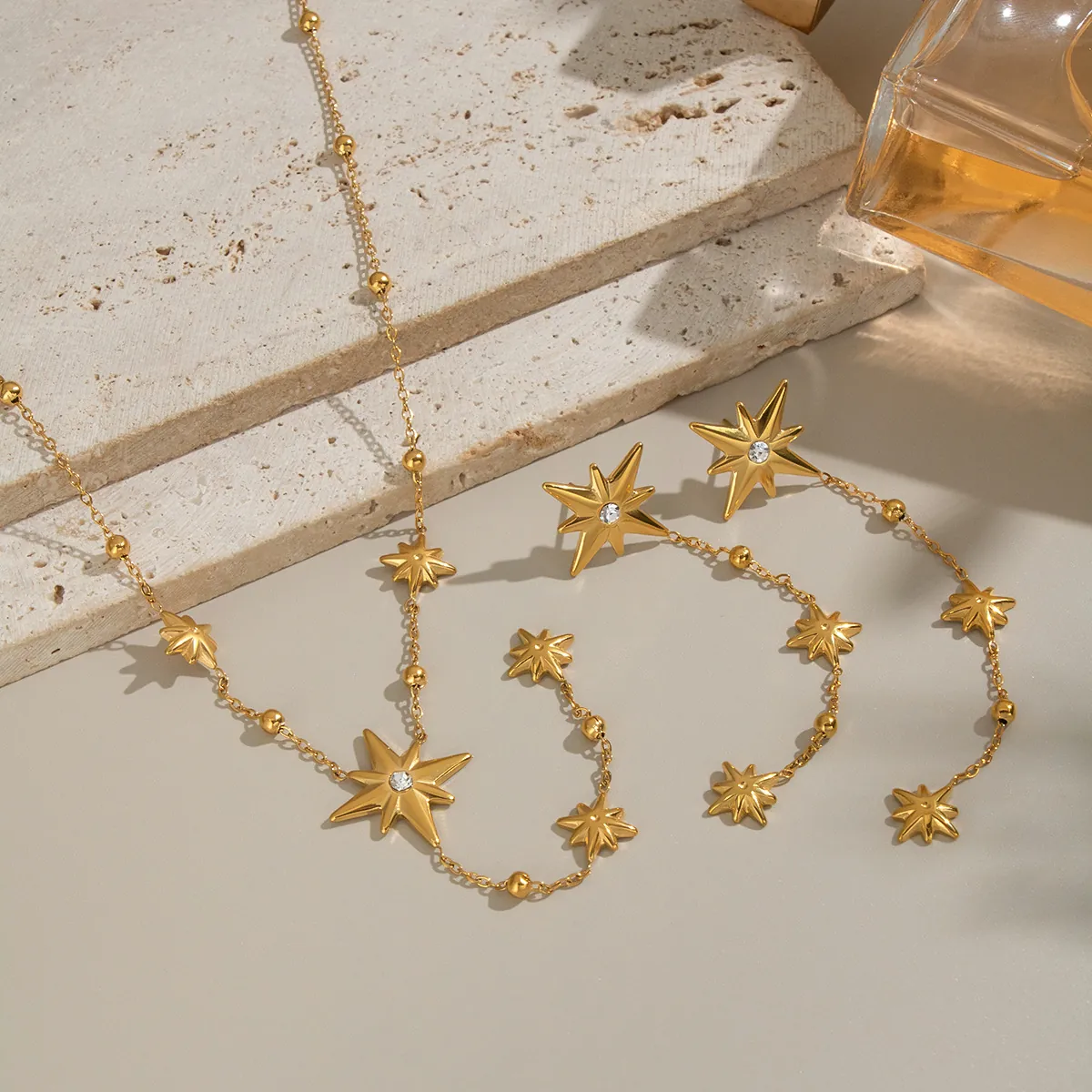 Bijoux En Acier Inoxydable Boucles Oreilles Pampilles Étoile Et Collier Plqué Or 18K Zircone Étanche Hypoallergénique Femmes