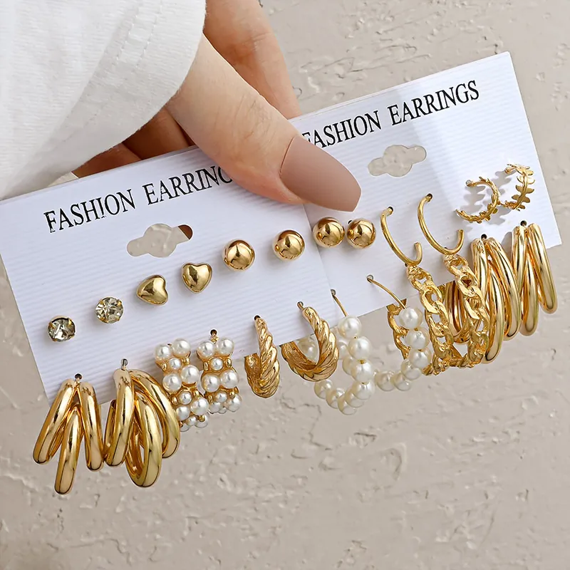 Vintage Geometric Hoop And Stud Earrings Alloy Artificial Pearl Rhinestone Butterfly Heart Design Jewelry For Women