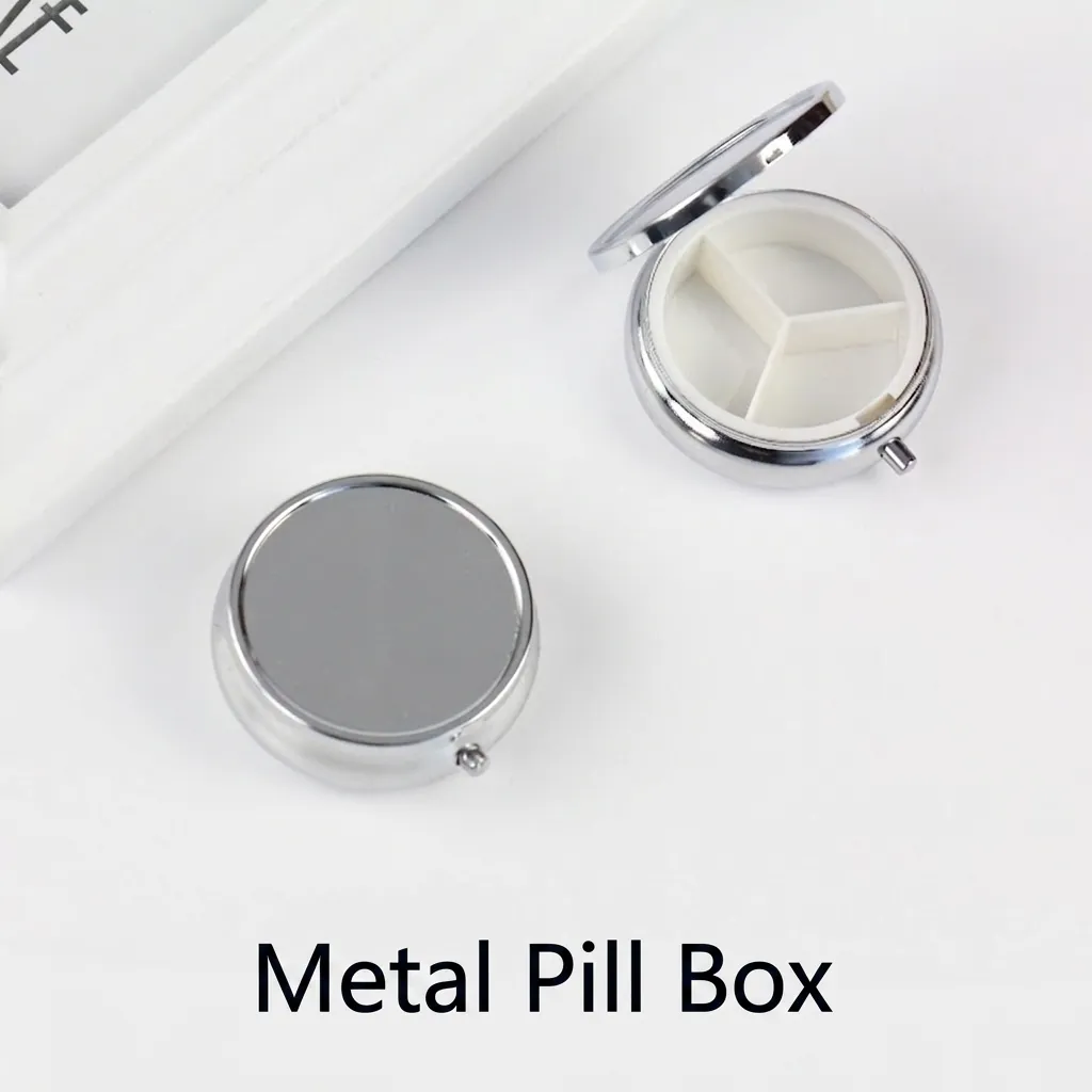 Portable Metal Pill Box Mini Medicine Organizer With Mirror Silver Compact Storage Case For Travel Round Heart Shape
