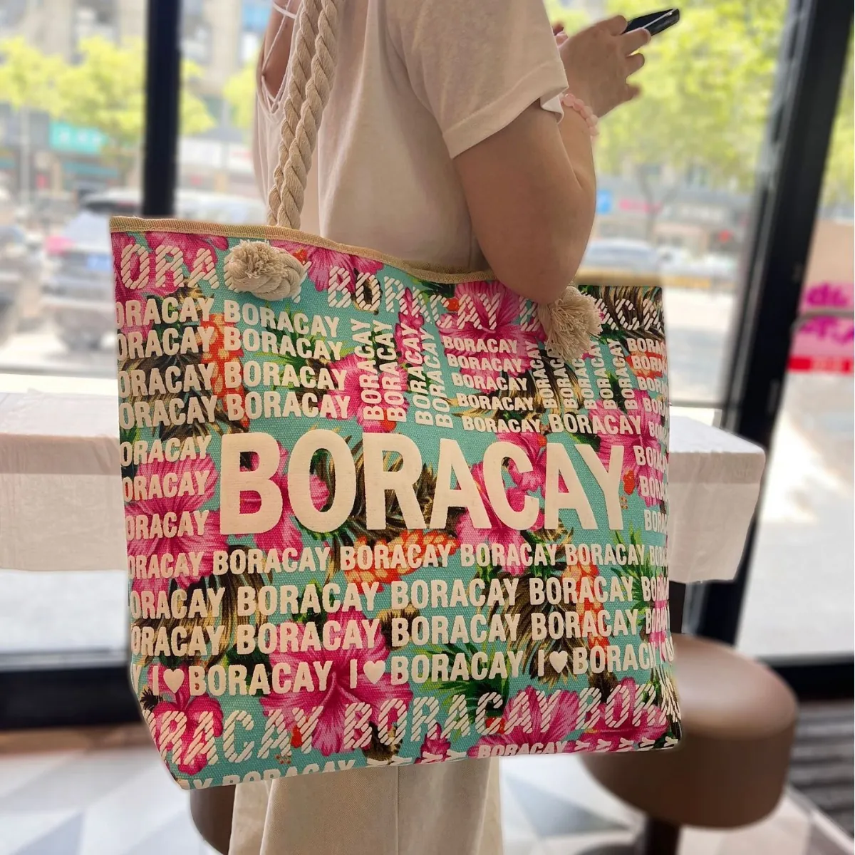 Canvas Tote Bag With Cotton Rope Handle Large Capacity Tropical Floral Print Beach Vacation Shoulder Bag For Women