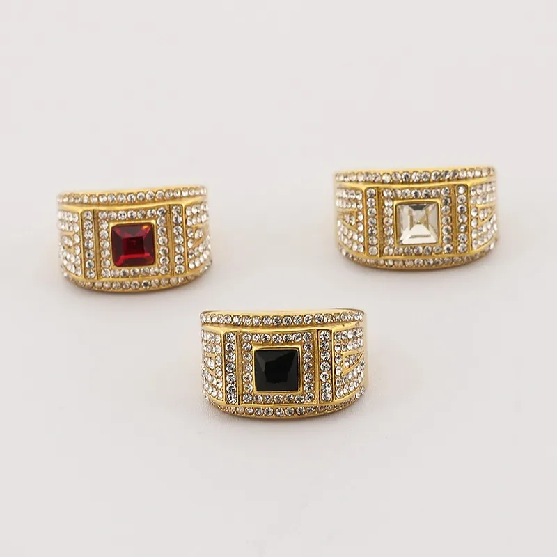 Men Hip Hop Ring Stainless Steel Iced Out Square Zircon Artificial Gemstone Punk Rock Bold Fashion Jewelry