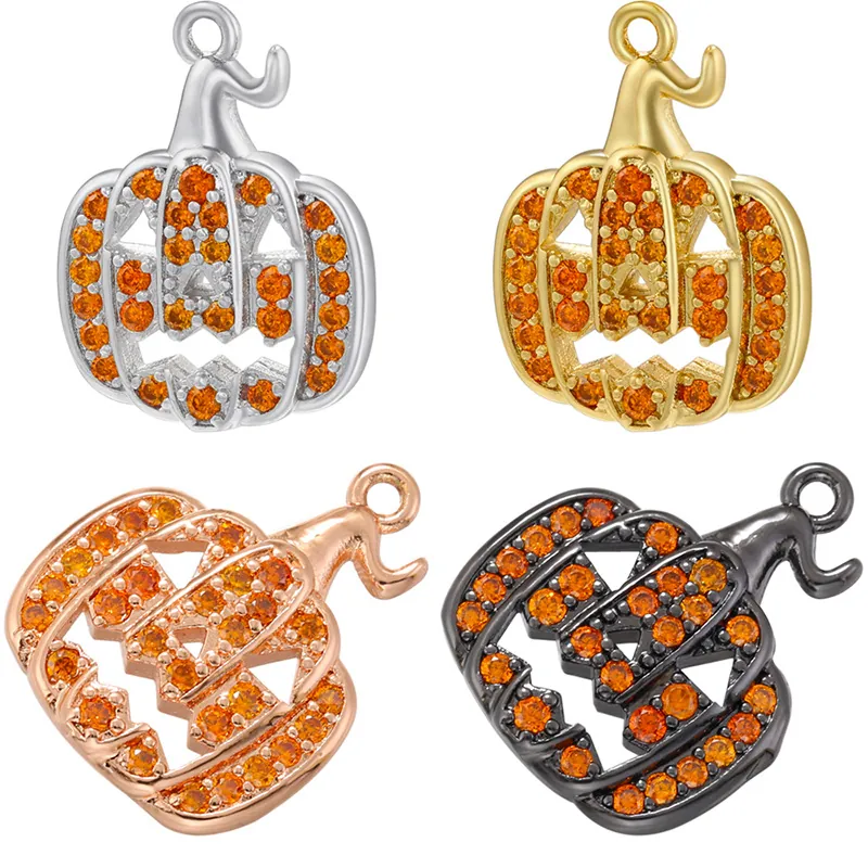 Αποκριάτικο Μενταγιόν Κολοκύθα Jack-O-Lantern Χάλκινο Επιχρυσωμένο Πορτοκαλί Ζιργκόν Για Δημιουργία Κοσμημάτων DIY