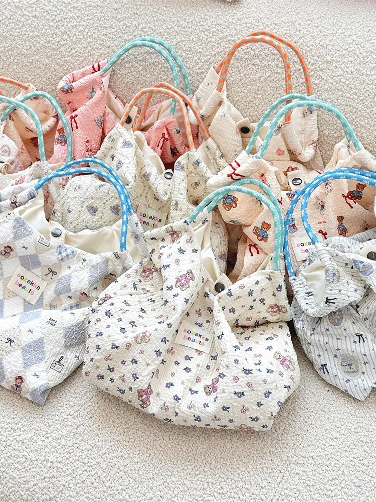 Cartoon Bear Rabbit Print Tote Bag Seersucker Polyester High Capacity Handbag Woven Rope Handle Casual Daily For Women