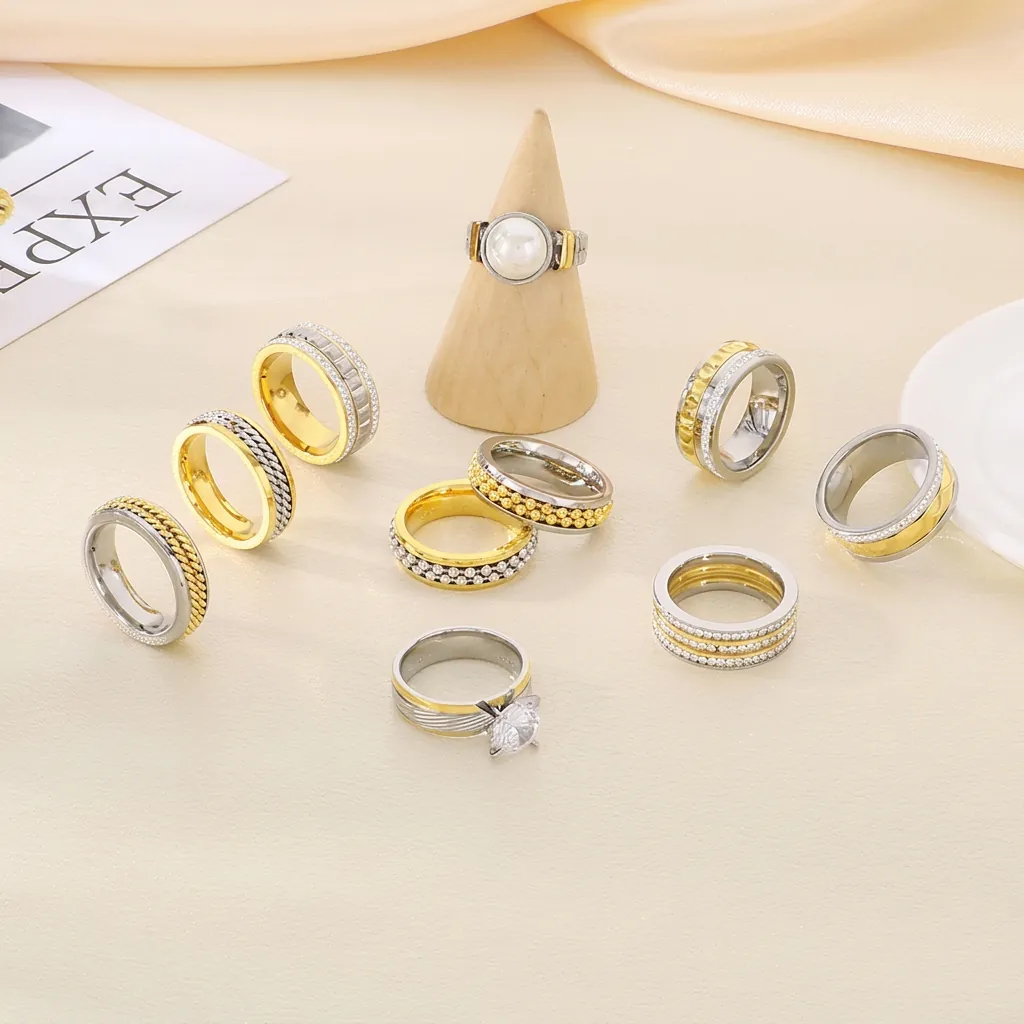Bagues En Acier Inoxydable Bicolore Or Argent Zircon Künstliche Perle Tressé Géométrique Bijoux De Mode Pour Hommes Femmes
