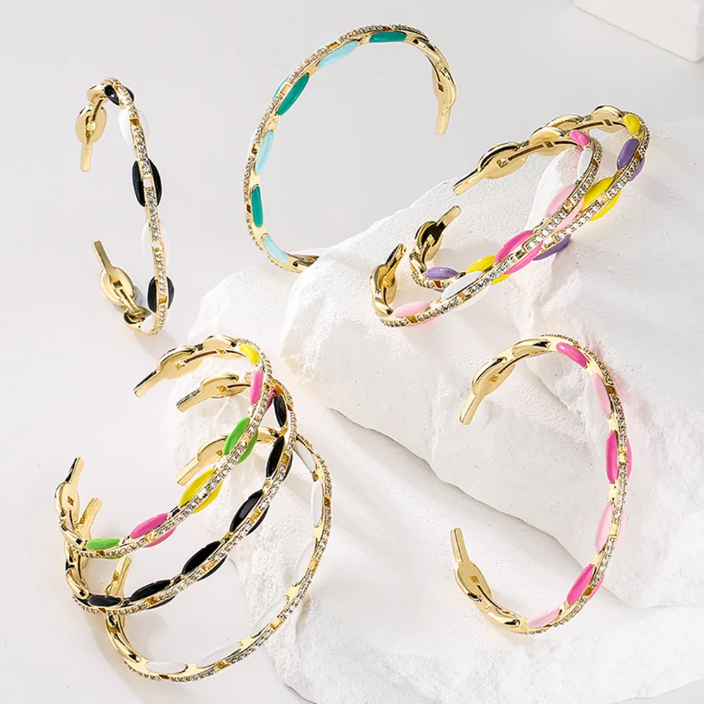 Bracciale Aperto In Smalto Colorato Per Donna Rame Con Placcatura Oro 18K Micro Pavé Zircone Gioielli Alla Moda