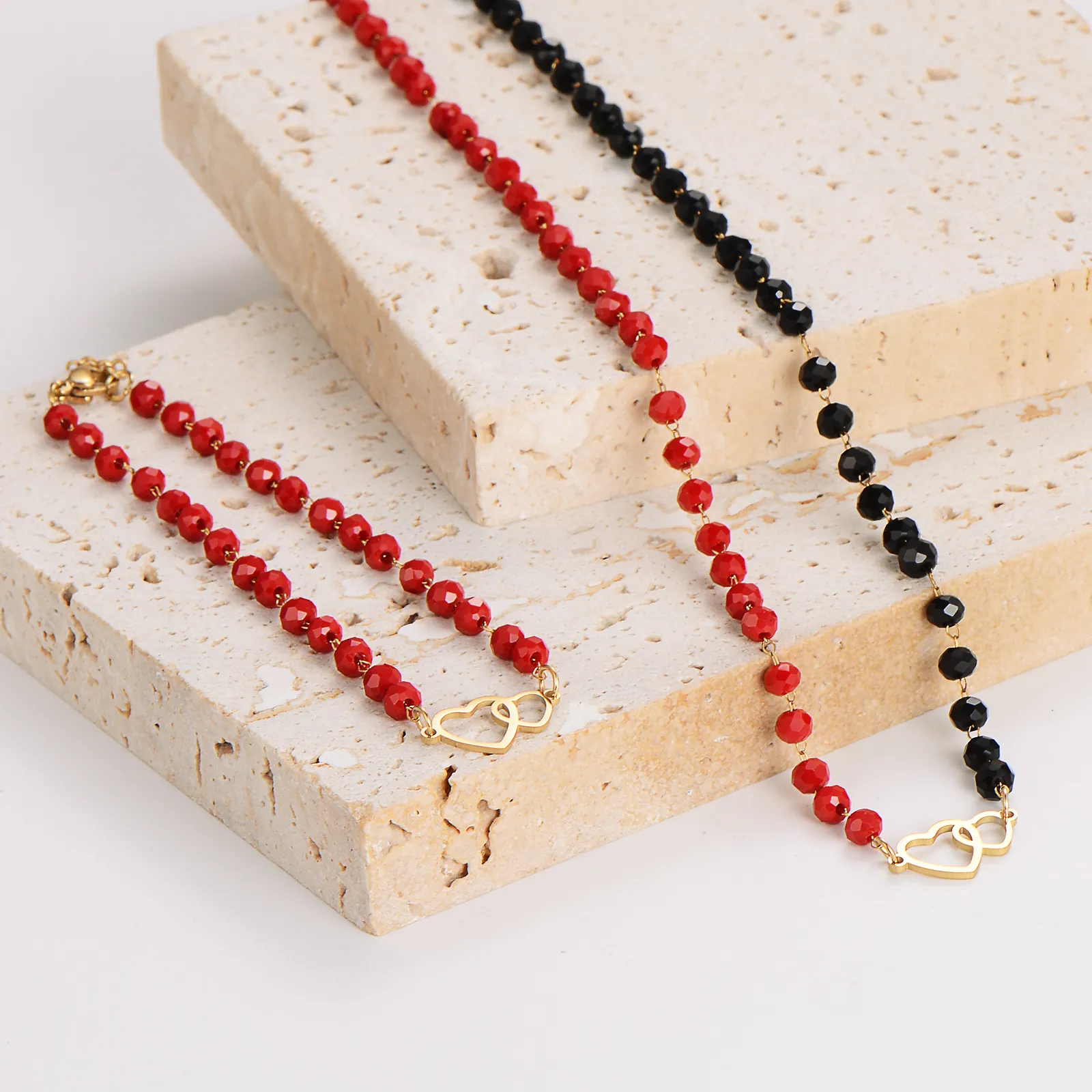 Double Heart Necklace And Bracelet 304 Stainless Steel Gold Plated Red Black Glass Beads Simple Versatile Fashion Jewelry
