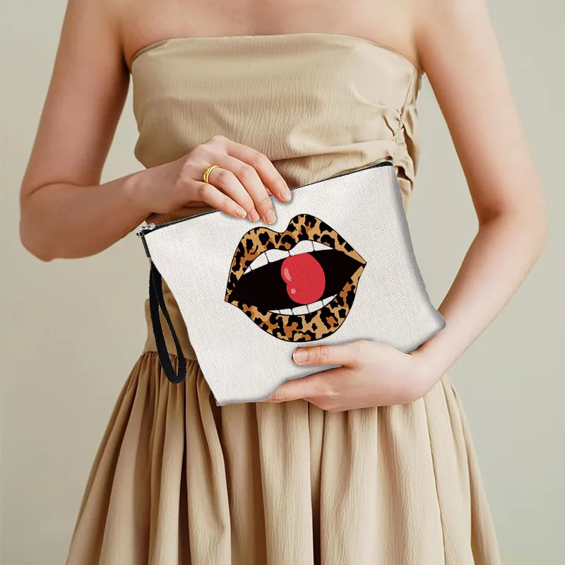 Leopard Lip Print Linen Makeup Bag Zipper Cosmetic Pouch With Wristlet Strap Portable Travel Storage For Women