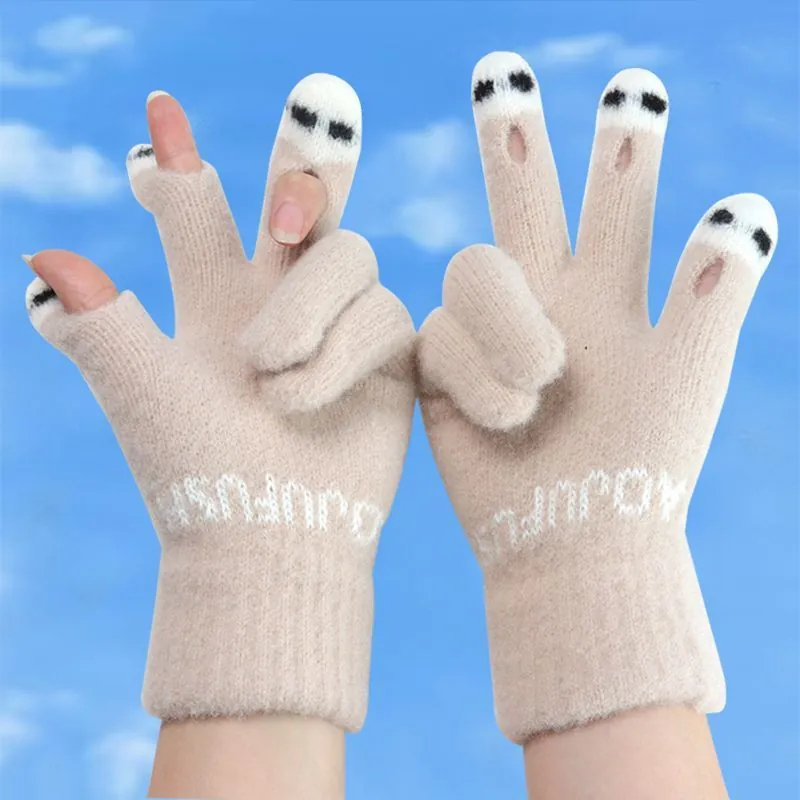 Fingerless Knitted Gloves Winter Warm Touchscreen Half Finger Mitten Cartoon Panda Pattern For Women Students