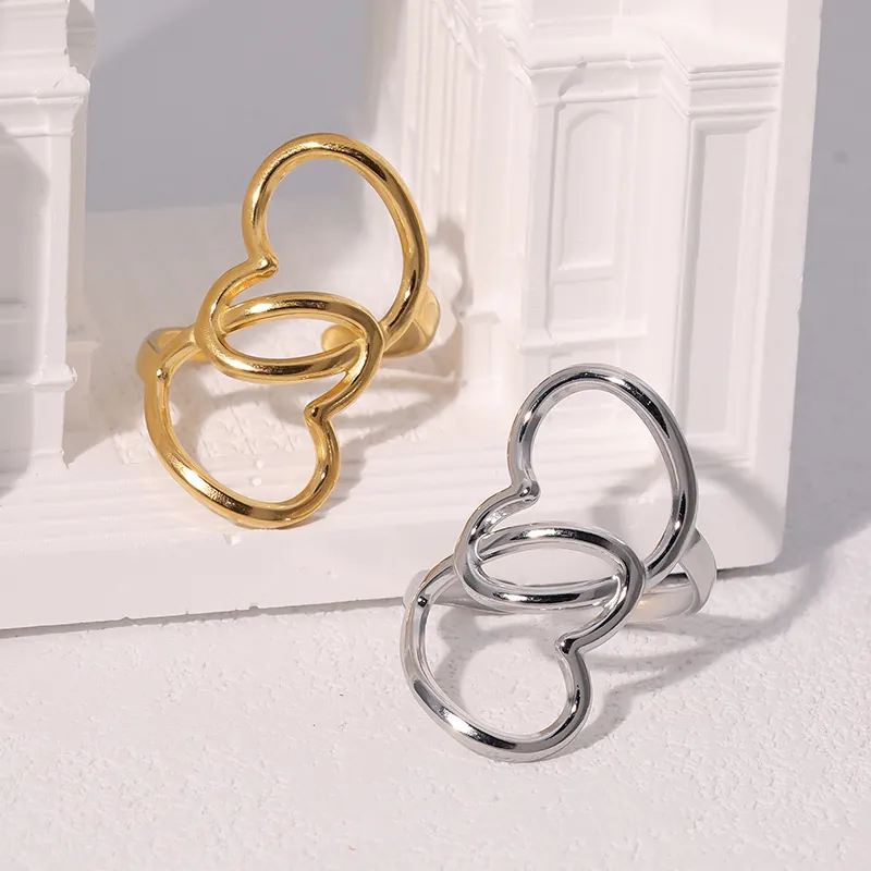 Bague Coeur Entrelacée Acier Inoxydable Plaqué Or 18K Ajourée Ouverte Réglable Bijoux Mode Simples Pour Femmes