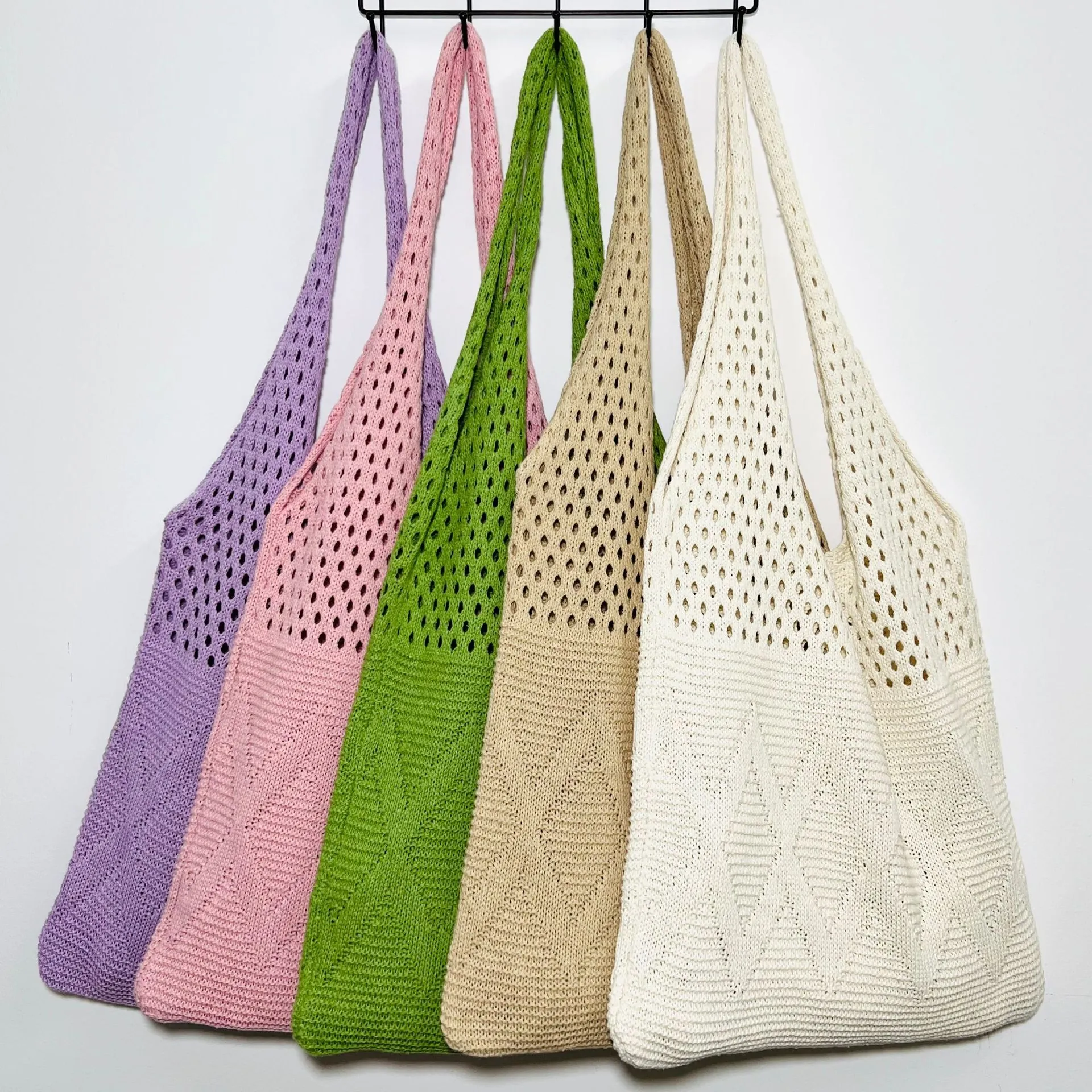 Knitted Shoulder Bag For Women Hollow Crochet Tote Bag Diamond Pattern Large Capacity Vintage Casual Beach Shopping Handbag